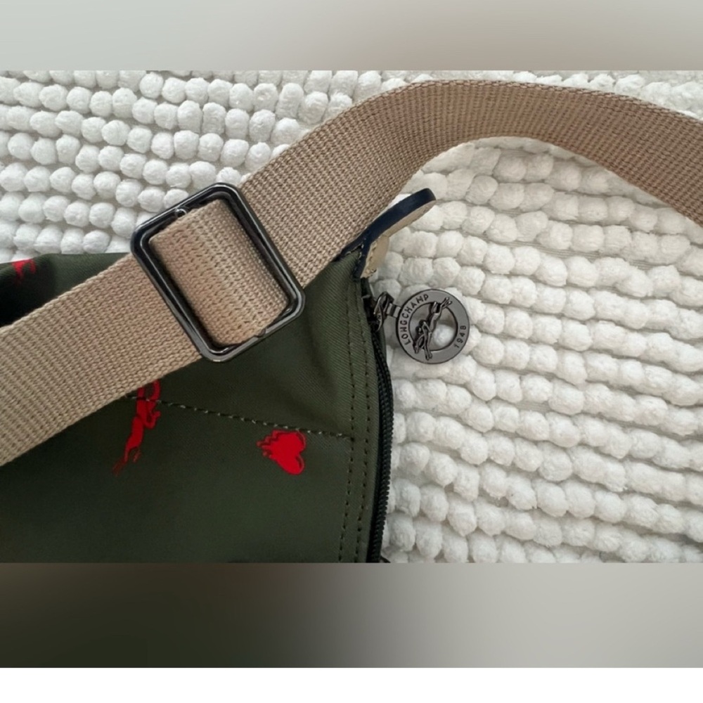 Longchamp Green Nylon Mini Backpack with Red Heart Print and Tan Flap - Picture 4 of 10